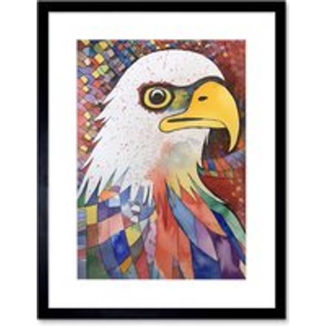 Wall Art Print Bald Eagle Bird And Abstract Pattern Folk Art Watercolour Painting Artwork Framed 9X7 Inch - Black - W7 inch x H9 inch
