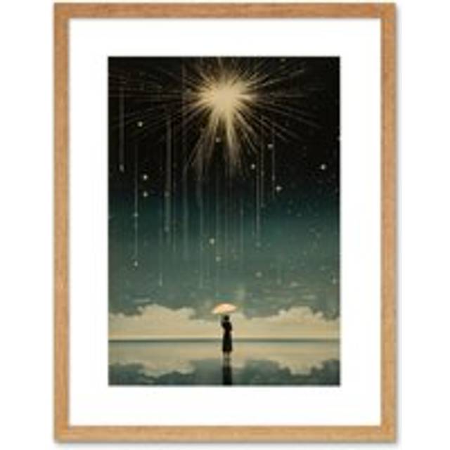 Wall Art Print Falling Star Rain Dreamy Artwork Bright Star Wish Woman with Umbrella Fairytale Dreamscape Artwork Framed 9X7 Inch - Beige - W7 inch x - W7 inch x H9 inch