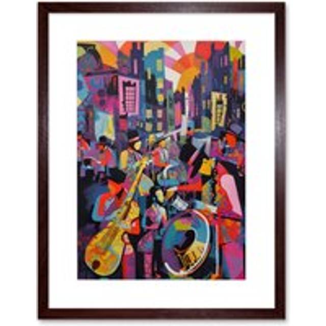 Wall Art Print New Orleans Jazz Festival Street Musicians Playing Music City at Sunset Abstract Modern Painting Artwork Framed 9X7 Inch - Brown - W7 i - W7 inch x H9 inch