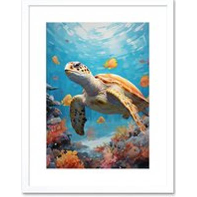Wall Art Print Loggerhead Sea Turtle in Coral Reef Bright Detailed Artwork Caretta Swimming with Yellow Striped Fish Artwork Framed 9X7 Inch - White - - W7 inch x H9 inch