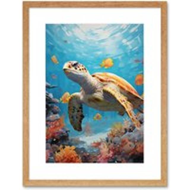 Wall Art Print Loggerhead Sea Turtle in Coral Reef Bright Detailed Artwork Caretta Swimming with Yellow Striped Fish Artwork Framed 9X7 Inch - Beige - - W7 inch x H9 inch