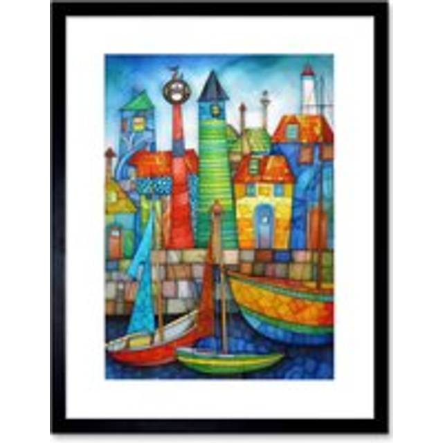 Wall Art Print Fishing Village Folk Art Watercolour Painting Artwork Framed 9X7 Inch - Black - W7 inch x H9 inch