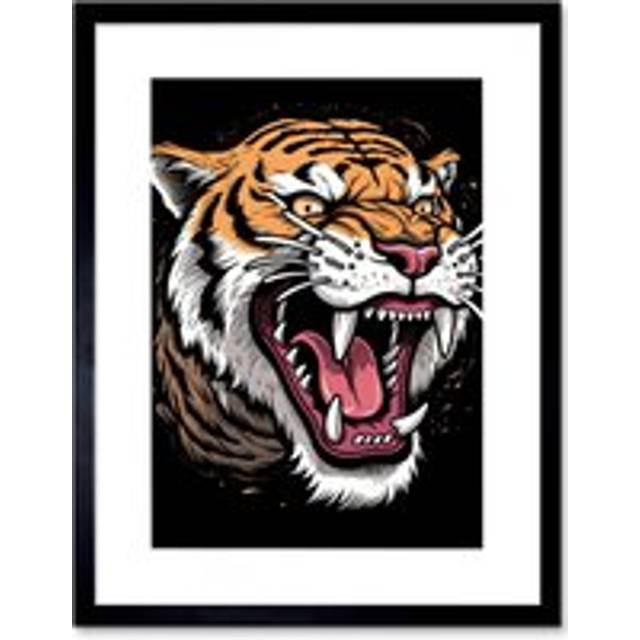 Wall Art Print Ferocious Tiger Old School USA Tattoo Ink Body Art Rockabilly Americana 50s Artwork Framed 9X7 Inch - Black - W7 inch x H9 inch