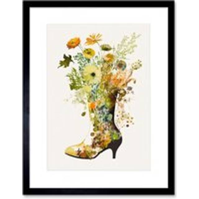 Wall Art Print Wildflower Bouquet in High Heel Boot Glass Vase Artwork Framed 9X7 Inch - Black - W7 inch x H9 inch