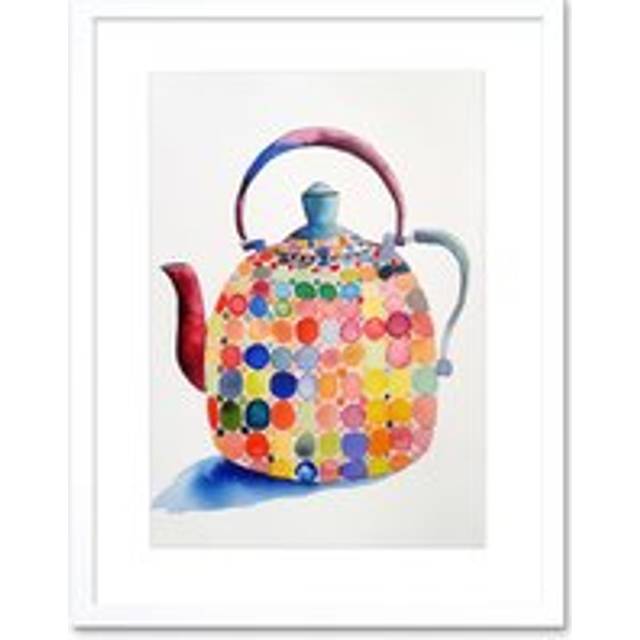 Wall Art Print Colourful Enamelled Teapot Tea Kettle Folk Art Watercolour Painting Artwork Framed 9X7 Inch - White - W7 inch x H9 inch