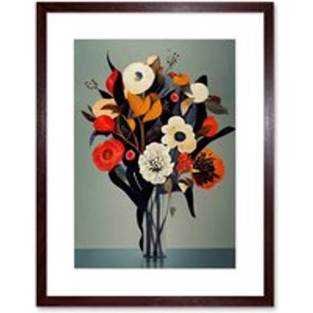 Wall Art Print Winter Flower Floral Bouquet Orange Navy Cream Modern Acrylic Paint Artwork Framed 9X7 Inch - Brown - W7 inch x H9 inch