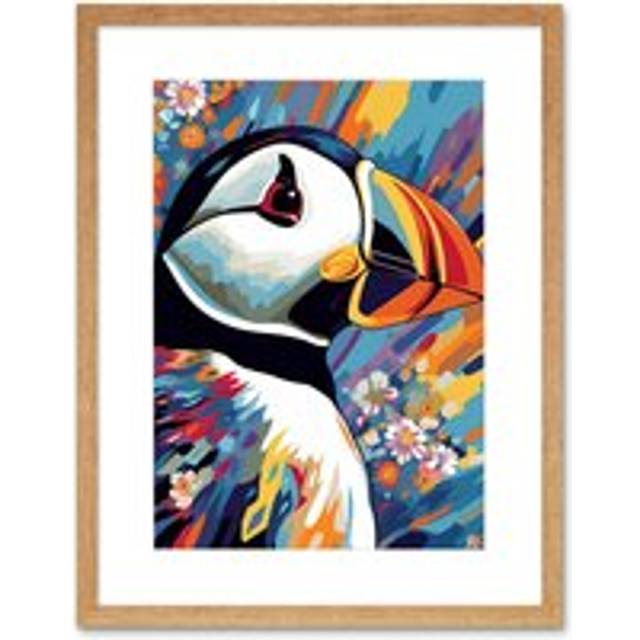 Wall Art Print Puffin and Flowers Acrylic Paint Vibrant Colour Brushes Psychedelic Sea Bird Artwork Framed 9X7 Inch - Beige - W7 inch x H9 inch