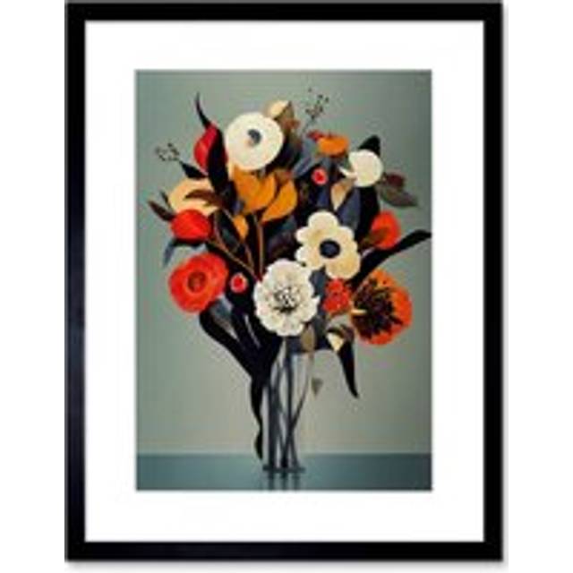 Wall Art Print Winter Flower Floral Bouquet Orange Navy Cream Modern Acrylic Paint Artwork Framed 9X7 Inch - Black - W7 inch x H9 inch