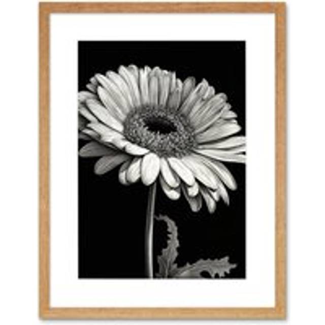 Wall Art Print Black and White Pencil Drawing of a Gerbera Flower Artwork Framed 9X7 Inch - Beige - W7 inch x H9 inch