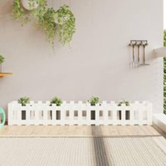 Garden Raised Bed with Fence Design White 200x30x30 cm Solid Wood Pine - One Size