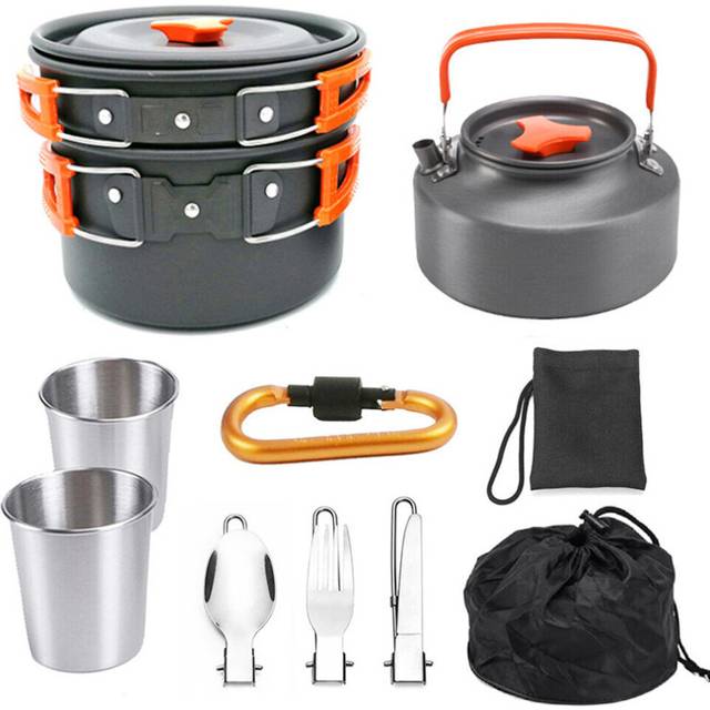 (Orange) 10 PCS 2-3 Person Camping Cookware Set Outdoor Tableware Kit With 800ML Teapot/Cooking Pot/Frying Pan