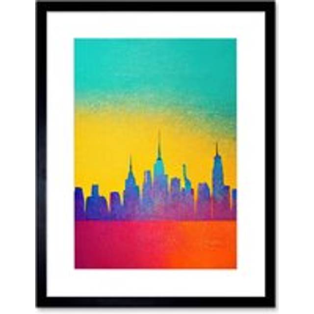 Wall Art Print Bright Colourful Abstract New York Skyline Cityscape Yellow Blue Coral Turquoise Artwork Framed 9X7 Inch - Black - W7 inch x H9 inch