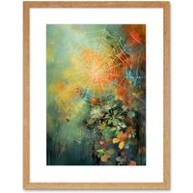Wall Art Print Cobweb in Abstract Multicoloured Forest Landscape Artwork Framed 9X7 Inch - Beige - W7 inch x H9 inch