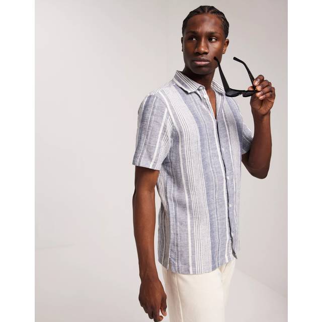 Casual Friday Anton Short Sleeve Stripe Linen Shirt, Navy/White