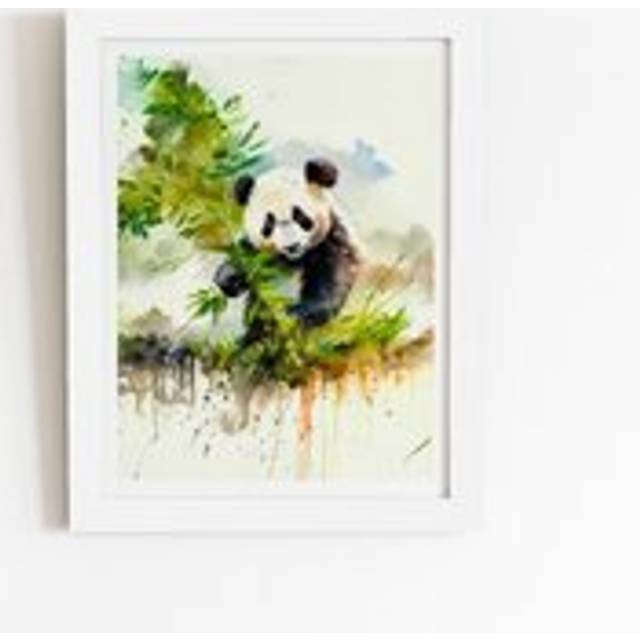 Panda Eating Bamboo Watercolour Framed Art Print - White - W20 inch x H30 inch