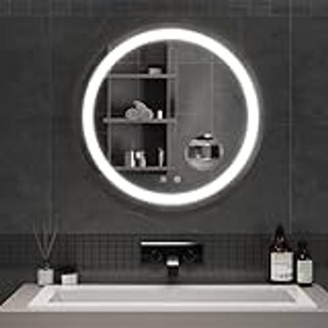 Mondeer 600mm Round Bathroom Mirror with LED Lights, Illuminated Wall Mounted Vanity Mirror with 3 Colors Dimmable Demister and 5x Magnifier, for