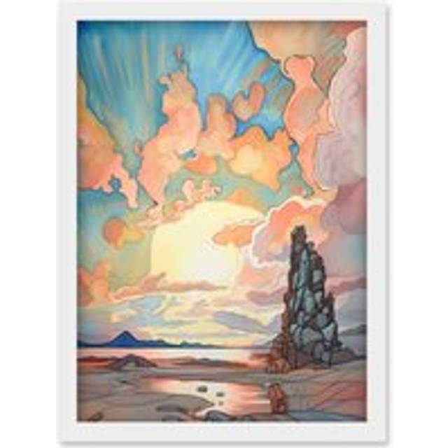 Atmospheric Clouds Over Mono Lake at Dawn Lakeside Rock Landscape Modern Watercolour Painting Artwork Framed Wall Art Print A4 - White - One Size