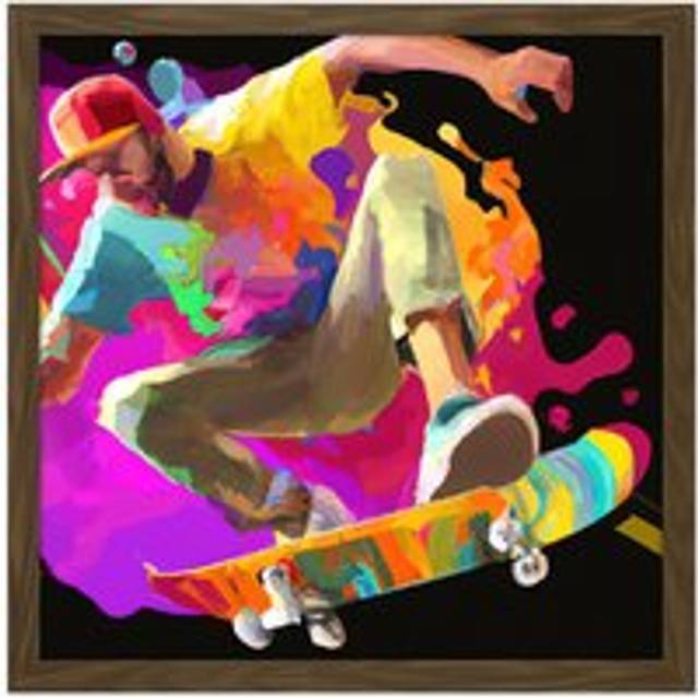 Wall Art Print Skater Skateboarding Jump Air Modern Neon Multicoloured Acrylic Paint Splatter Painting Square Framed Picture 16X16 Inch - Brown - W16 - W16 inch x H16 inch