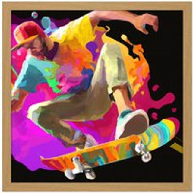 Wall Art Print Skater Skateboarding Jump Air Modern Neon Multicoloured Acrylic Paint Splatter Painting Square Framed Picture 16X16 Inch - Tan - W16 in - W16 inch x H16 inch