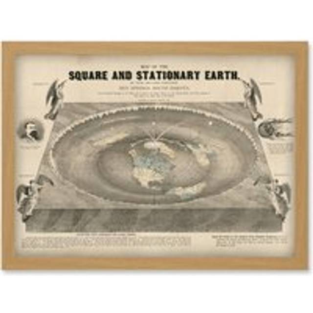 Orlando Ferguson Vintage Map of the Square and Stationary Earth Flat Earth Artwork Framed Wall Art Print A4 - Tan - One Size