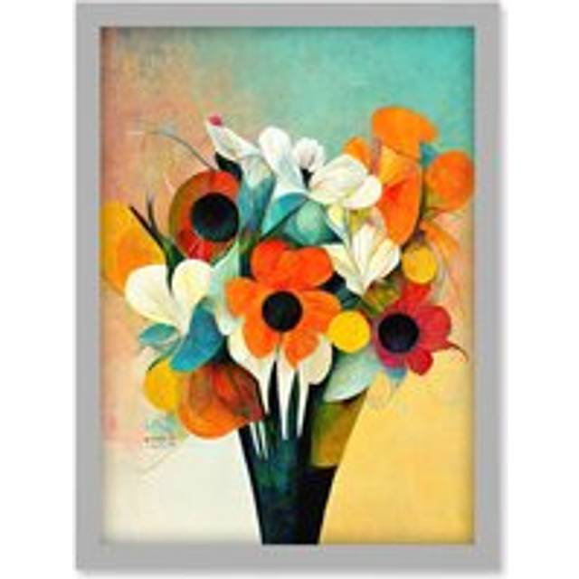 Modern Abstract Oil Paint Vibrant Summer Flower Bouquet In Vase Artwork Framed Wall Art Print A4 - Grey - One Size