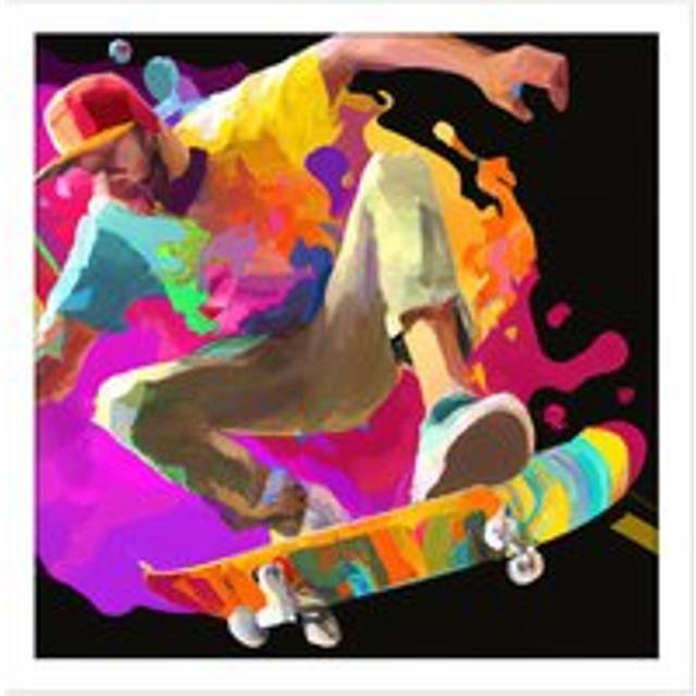 Wall Art Print Skater Skateboarding Jump Air Modern Neon Multicoloured Acrylic Paint Splatter Painting Square Framed Picture 16X16 Inch - White - W16 - W16 inch x H16 inch