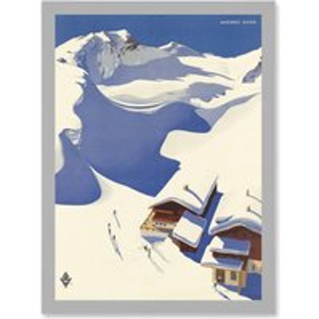 Travel Winter Sport Snow Ski Chalet Alps Austria Blue White A4 Artwork Framed Wall Art Print - Grey - One Size