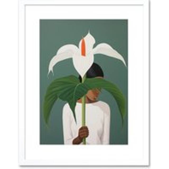 Wall Art Print Giant Peace Lily Showcase Realistic Oil Painting White Teal Green Woman with Flower Minimalist Artwork Framed 9X7 Inch - W7 inch x H9 inch
