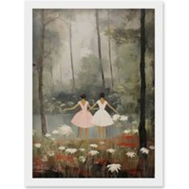 Wall Art Print Forest Ballet Oil Painting Kids Bedroom Ballerinas Gracefully Dancing by a Lake Artwork Framed A4 - White - A4