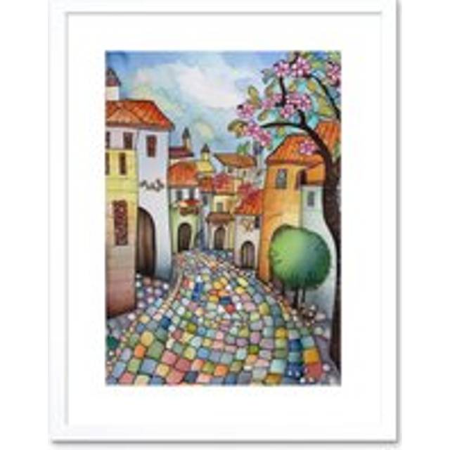 Wall Art Print Village Cobbled Street Cherry Blossom Folk Artwork Framed 9X7 Inch - White - W7 inch x H9 inch