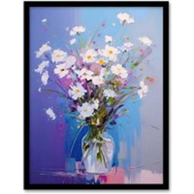 Wall Art Print White Daisy Bouquet in Vase Painting Pastel Purple Blue Framed Art - W12 inch x H16 inch