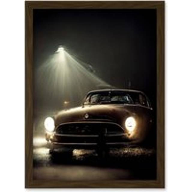 Cinematic Atmospheric Night Shot Of Vintage Car Headlights Artwork Framed Wall Art Print A4 - Brown - One Size