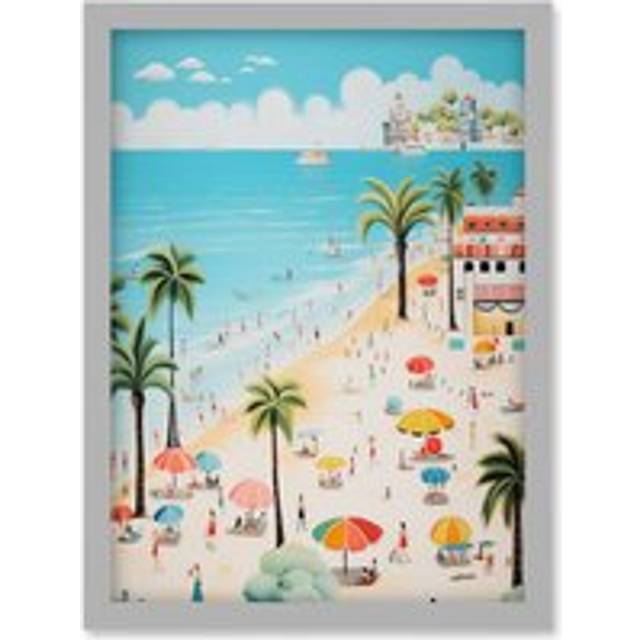 Wall Art Print Day at the Beach Summer Holidays Stylised Artwork Pastel Colour Vacation Tourists Coastal Landscape Artwork Framed A4 - Grey - A4