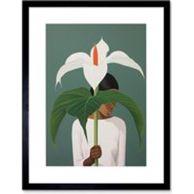 Wall Art Print Giant Peace Lily Showcase Realistic Oil Painting White Teal Green Woman with Flower Minimalist Artwork Framed 9X7 Inch - Black - W7 inch x H9 inch