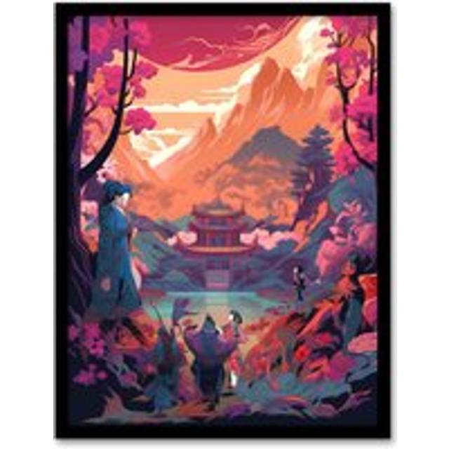 Wall Art Print Traditional Kabuki Theatre Performance Scene Painting Vivid Pink Purple Orange Blue Temple in Dramatic Japan Mountain Lake Landscape Ar - W12 inch x H16 inch