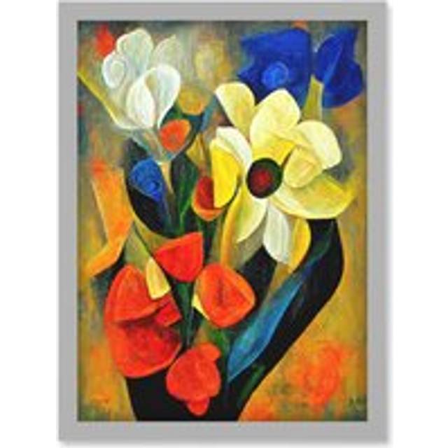 Cubist Abstract Flower Bouquet Still Life Oil Painting Artwork Framed Wall Art Print A4 - Grey - One Size