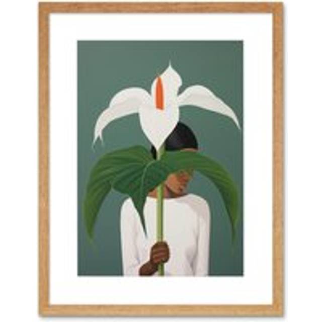 Wall Art Print Giant Peace Lily Showcase Realistic Oil Painting White Teal Green Woman with Flower Minimalist Artwork Framed 9X7 Inch - Beige - W7 inch x H9 inch