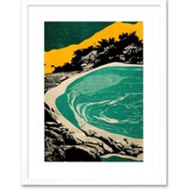 Wall Art Print Beach Lagoon Abstract Marbled Seascape Mustard Teal Artwork Framed 9X7 Inch - White - W7 inch x H9 inch