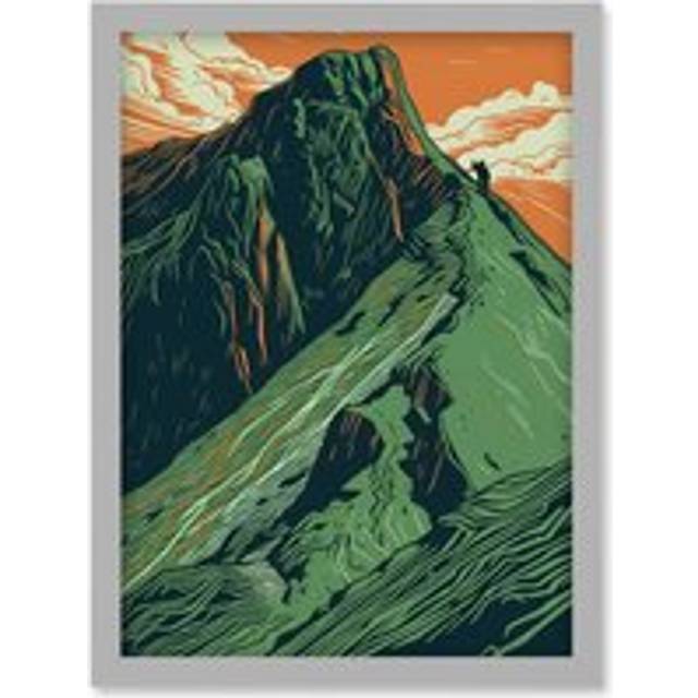 Hiking the Striding Edge Orange and Green Linocut Artwork Framed Wall Art Print A4 - Grey - One Size