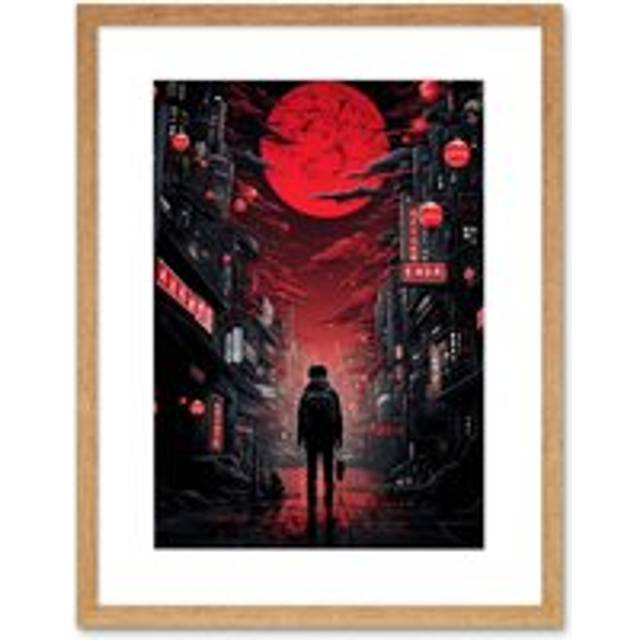 Wall Art Print Midnight Blood Moon in Tokyo Conceptual Artwork Gothic Street Japan Cityscape Artwork Framed 9X7 Inch - Beige - W7 inch x H9 inch