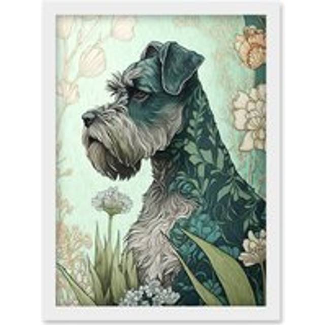 Grey Schnauzer Dog with Floral Pattern Fur Coat in Flowers Modern Watercolour Illustration Artwork Framed Wall Art Print A4 - White - One Size