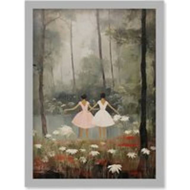 Wall Art Print Forest Ballet Oil Painting Kids Bedroom Ballerinas Gracefully Dancing by a Lake Artwork Framed A4 - Grey - A4