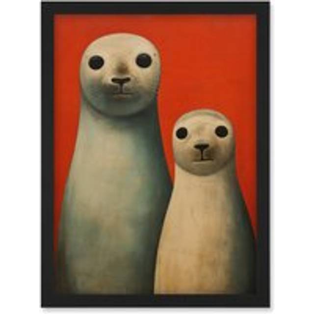 Wall Art Print Seal Pups Portrait White Cream On Red Crimson Coral Detailed Oil Painting Artwork Framed A4 - Black - A4