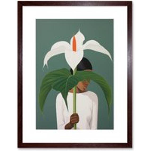 Wall Art Print Giant Peace Lily Showcase Realistic Oil Painting White Teal Green Woman with Flower Minimalist Artwork Framed 9X7 Inch - Brown - W7 inc - W7 inch x H9 inch