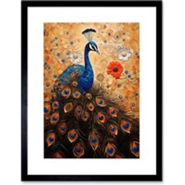 Wall Art Print Peacock Bird Gustav Klimt Style Oil Painting Gold Orange Blue Portrait with Flowers Artwork Framed 9X7 Inch - Black - W7 inch x H9 inch