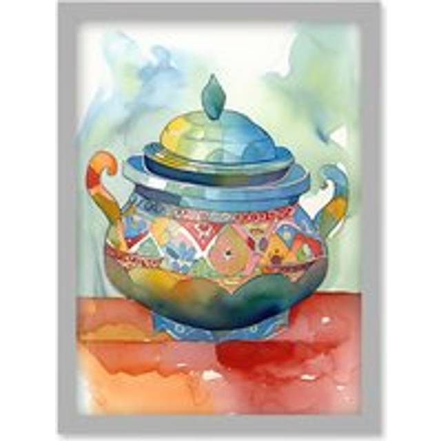 Soup Tureen With Patterns Folk Art Artwork Framed Wall Art Print A4 - Grey - One Size