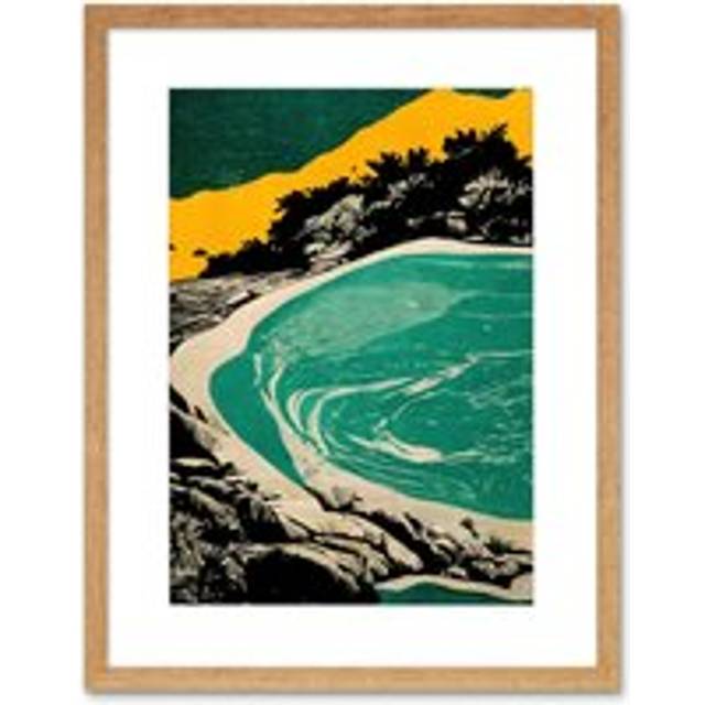 Wall Art Print Beach Lagoon Abstract Marbled Seascape Mustard Teal Artwork Framed 9X7 Inch - Beige - W7 inch x H9 inch