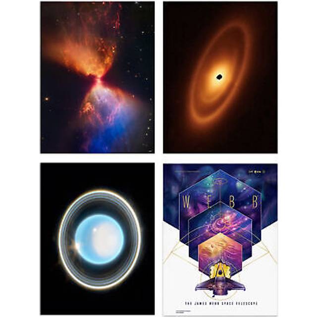 Wall Art Print Pack of 4 NASA James Webb Space Telescope Images Zoomed in Uranus Fomalhaut Fiery Hourglass Protostar Living Room s Set - Multi - A4