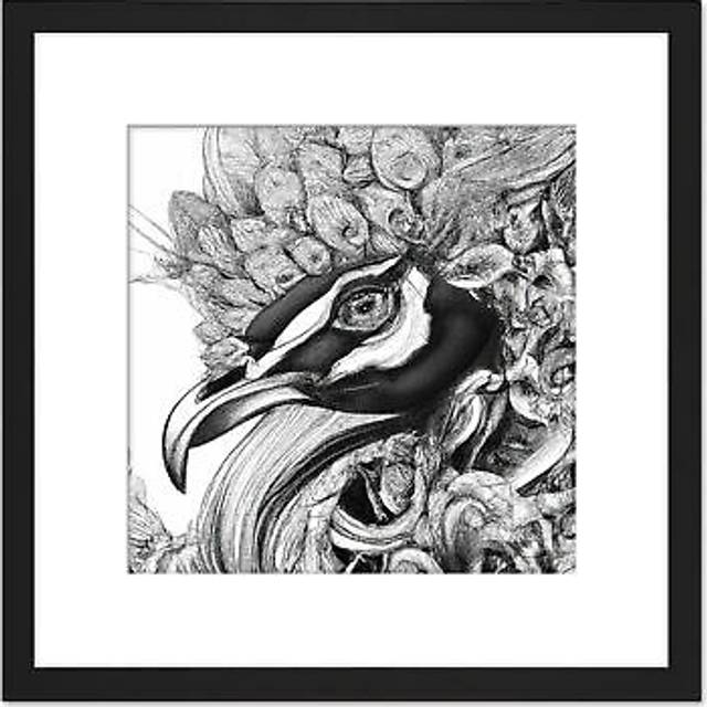 Pencil Drawing Peacock Portrait Study Black White Square Wooden Framed Wall Art Print Picture 8X8 Inch - One Size