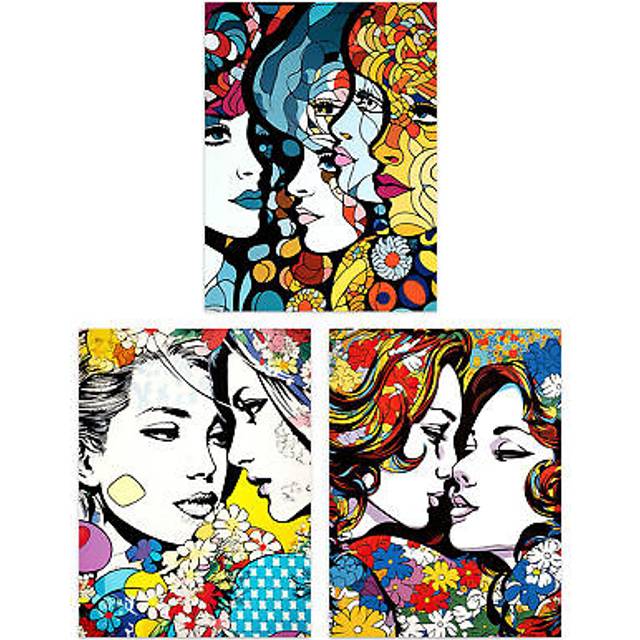 Wall Art Print Set of 3 LGBTQ+ Love Vibrant Pop Art Paintings Lesbian Couple Floral Portraits Living Room Poster s Pack - Multi - A4